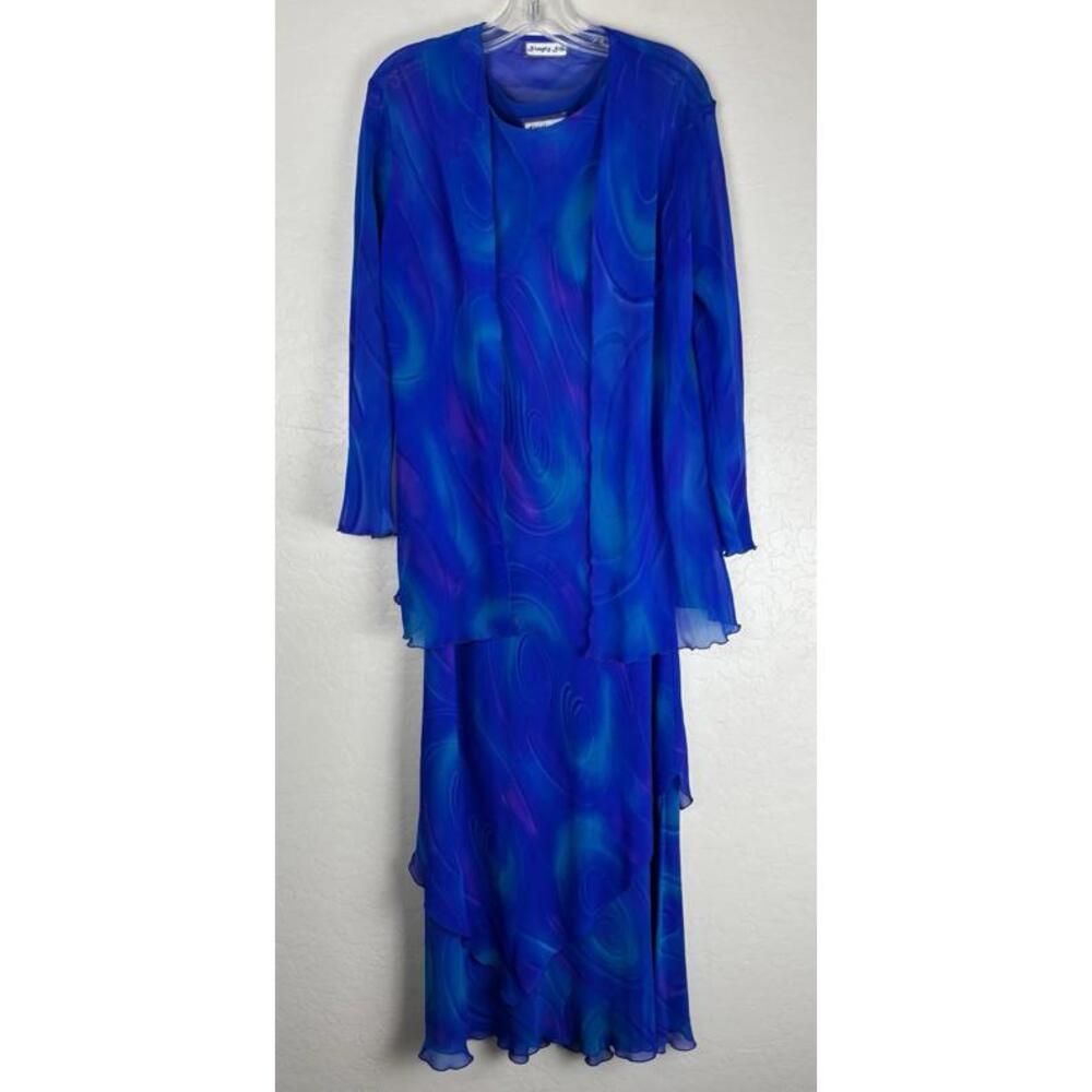 Simply Silk Floral 100% Silk 2‎ Pc Dress Jacket Ruffle Fairy Artsy L Blue 1766